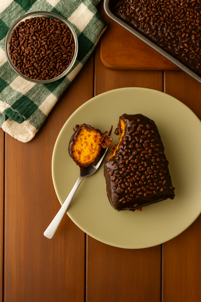 Pedaço de bolo de cenoura com cobertura de brigadeiro e granulado em prato verde com garfo ao lado, com pano xadrez verde e branco no canto da imagem