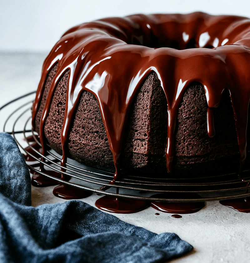 Bolo de chocolate caseiro, fofinho e úmido, coberto com calda brilhante de chocolate, servido sobre prato branco – receita fácil e deliciosa para o dia a dia