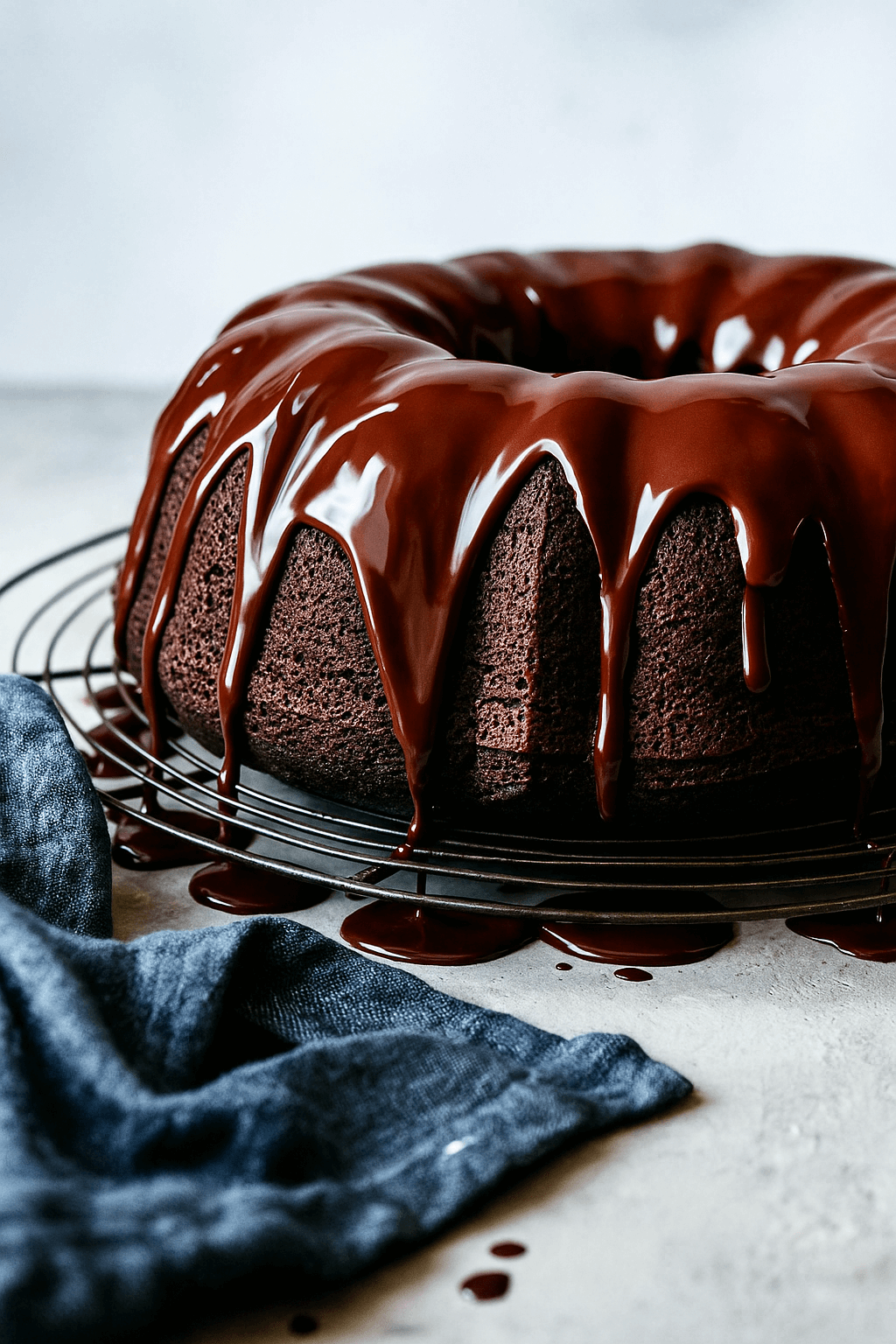 Bolo de chocolate caseiro, fofinho e úmido, coberto com calda brilhante de chocolate, servido sobre prato branco – receita fácil e deliciosa para o dia a dia